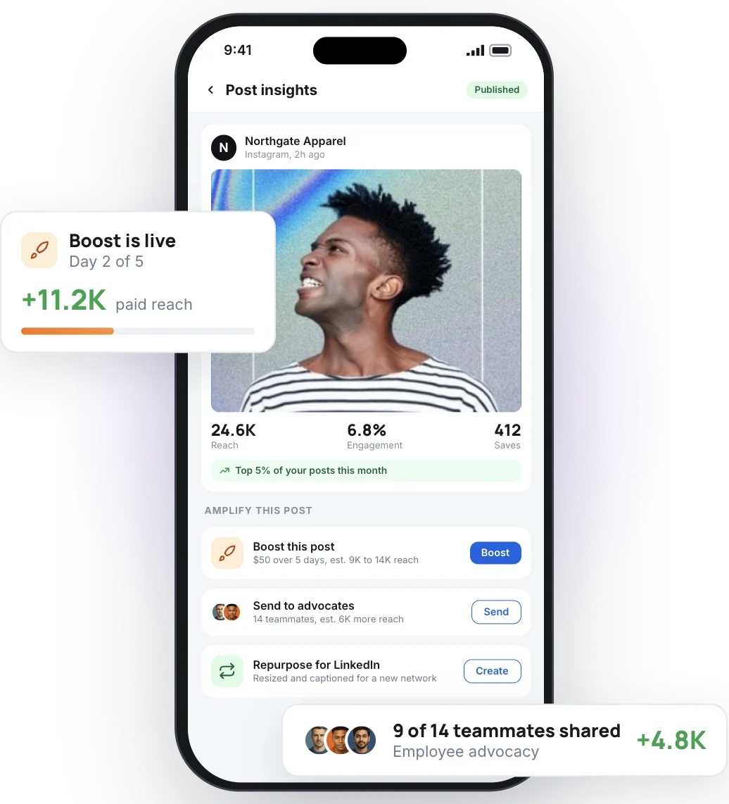 Post insights on a phone with options to boost the post, send it to advocates, or repurpose it for LinkedIn