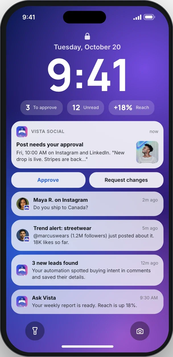 Vista Social notifications on a phone lock screen: a post waiting for approval, a new DM, a trend alert, new leads, and a weekly report